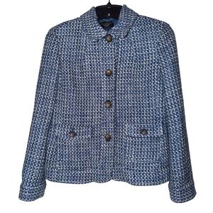 Talbots Petites Blue White Tweed Wool Blend Button Front Blazer Jacket Size 2P